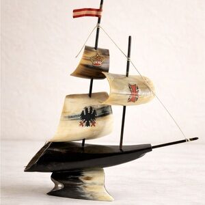 Vintage Hand-Carved Horn Sailing Ship Figurine 10” Austria Crest Eagle Cross